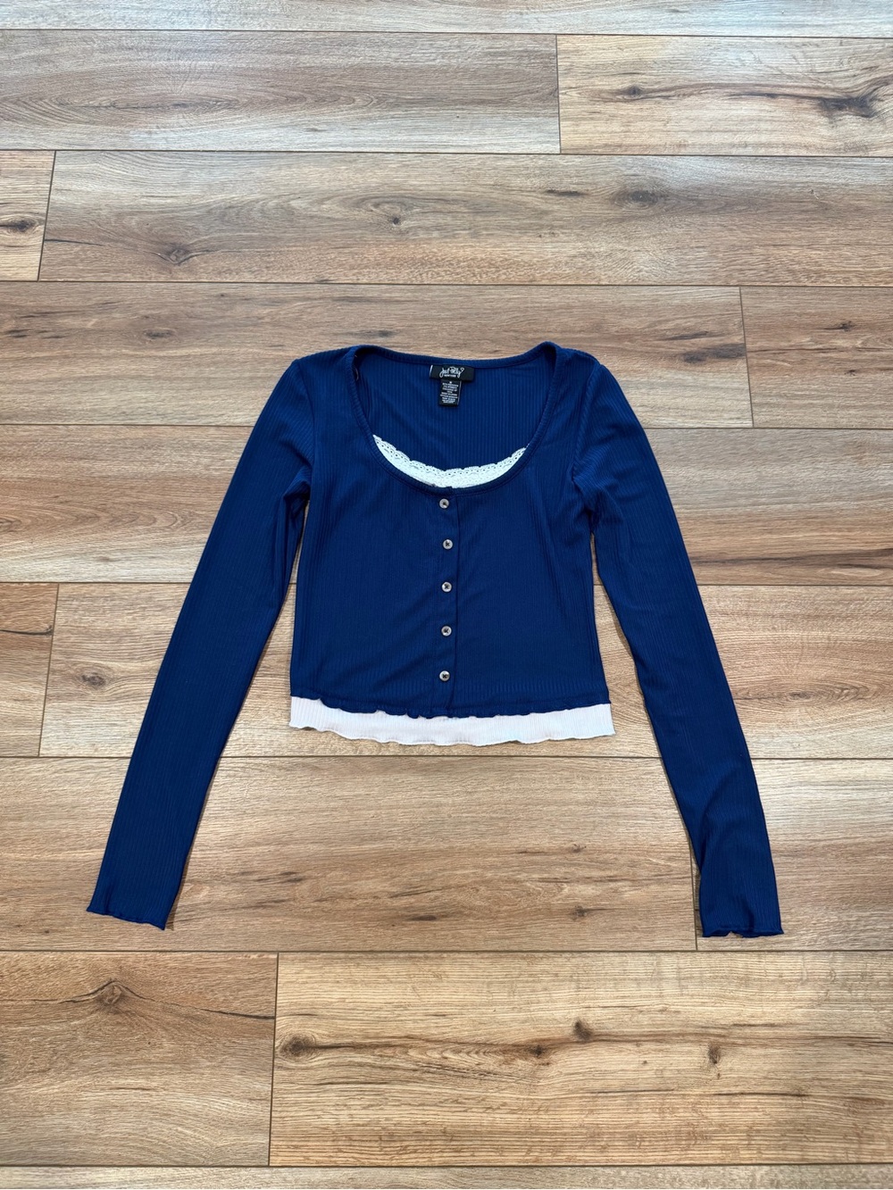 Just Polly Layered Ribbed Navy Blue Cropped Long Sleeve Shirt Size Small NWOT